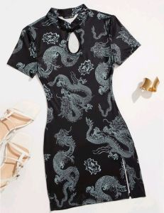 Adult Female Costumes to Hire - Chinese - Black dress with dragon print - LARGE